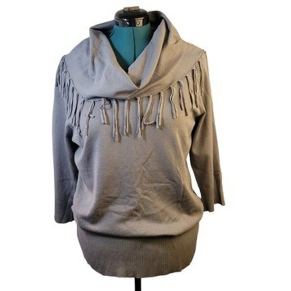 Notations Sweater Women L Grey Rayon Blend Cowl Neck Fringe 3/4 Sleeve Boho Chic